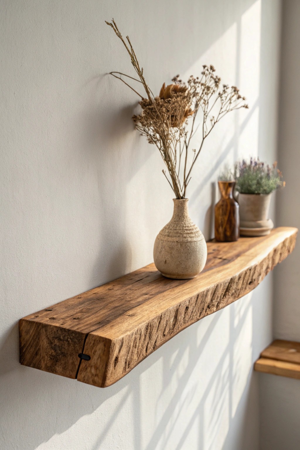 Bring nature indoors with a handcrafted live-edge wood wall shelf.