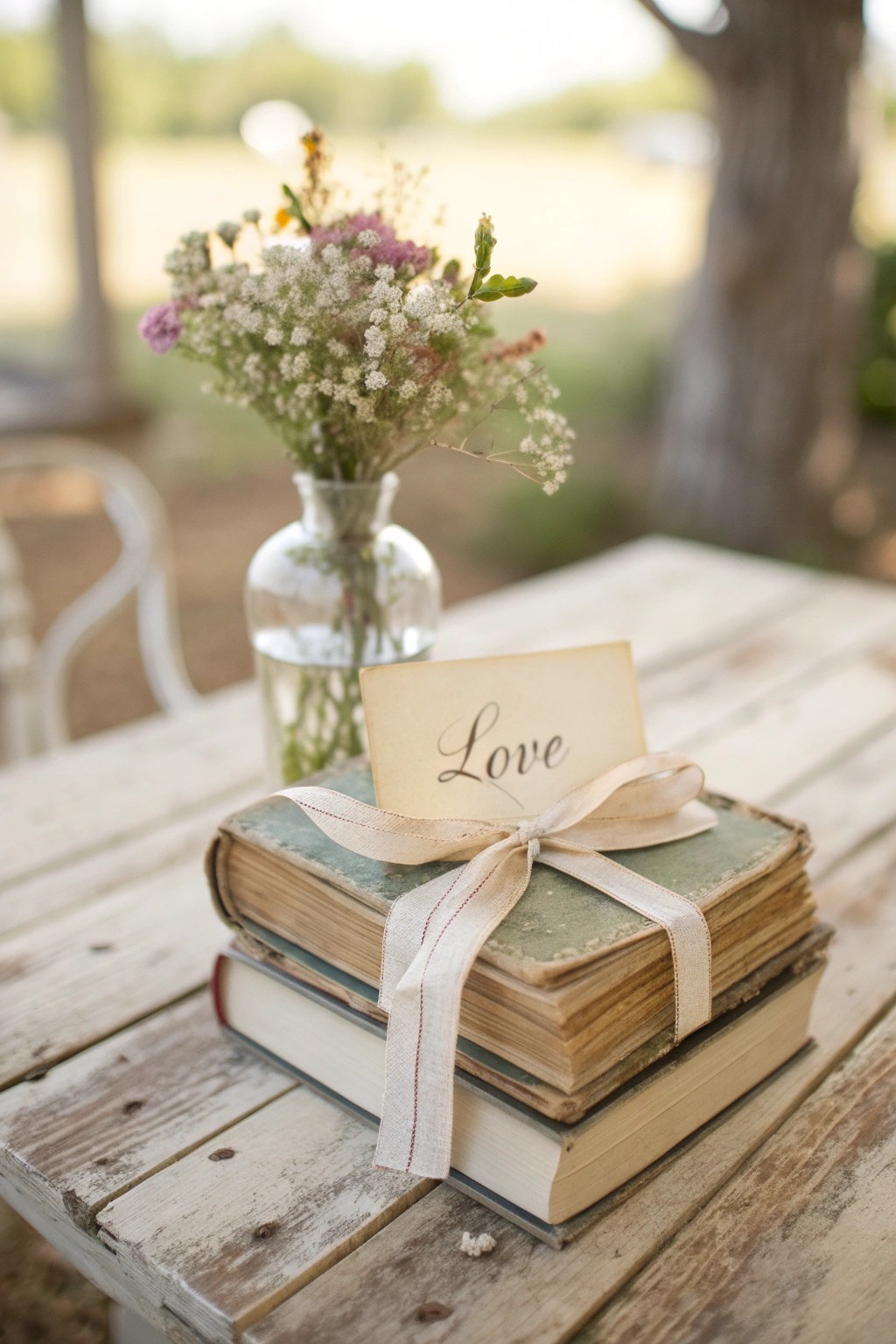 Charming wedding centerpiece: vintage book stack with ribbon and wildflowers for a whimsical, storybook touch.
