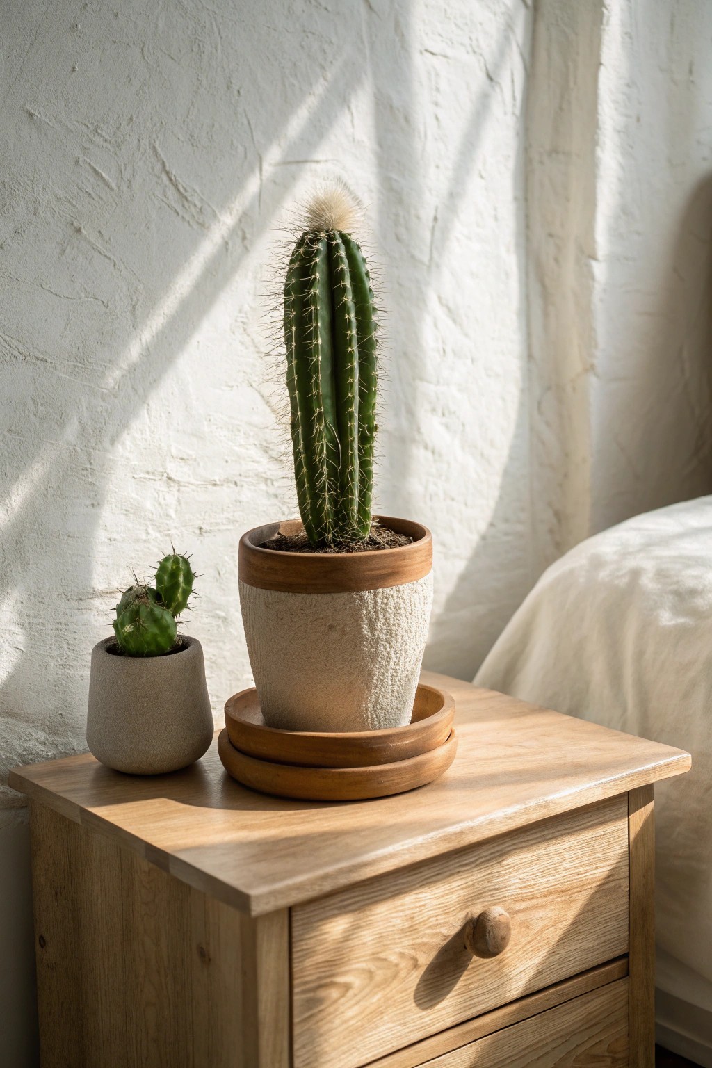 Bring western charm home with a sculptural potted cactus—simple, natural beauty for your bedside.