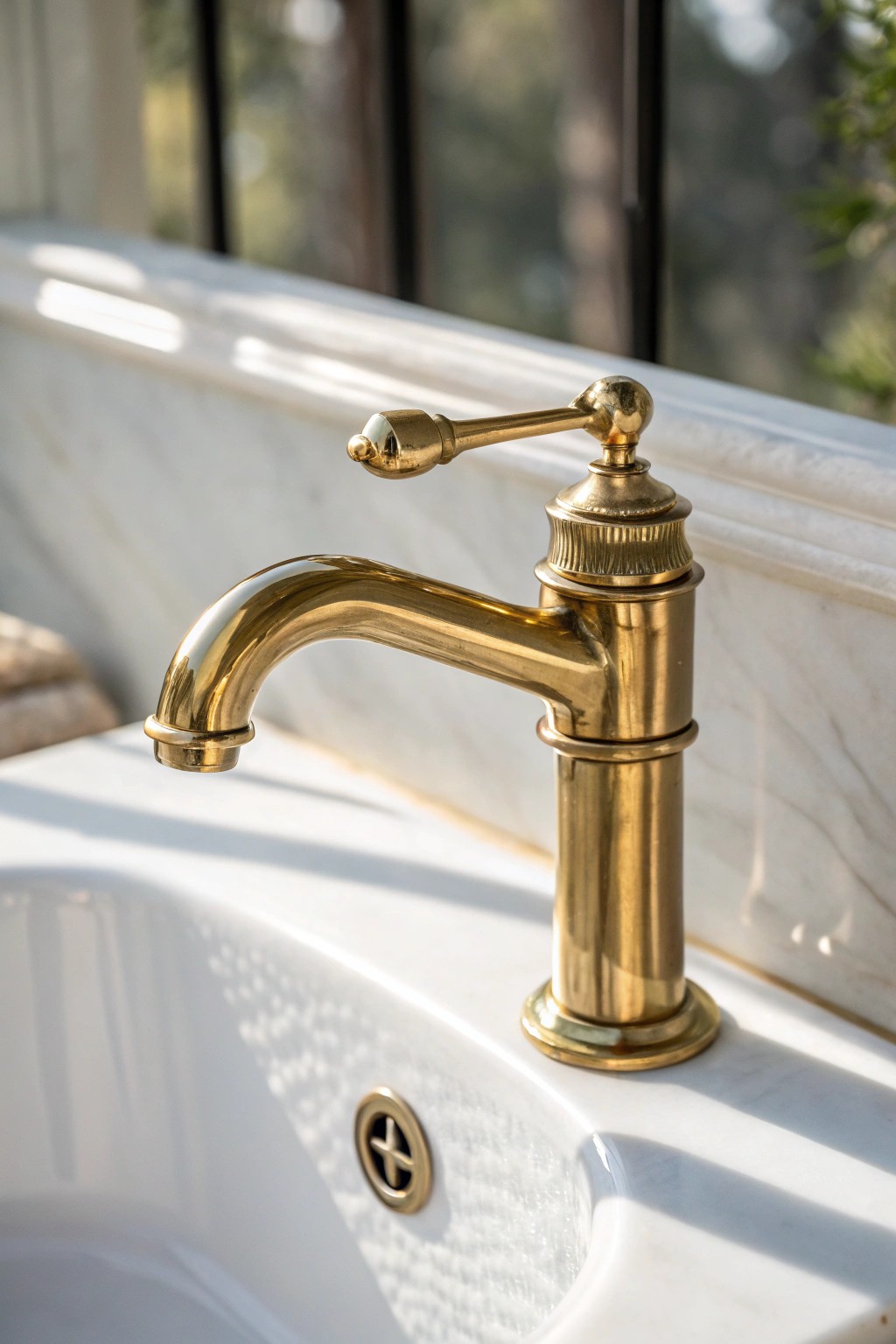 Elevate your white bathroom with a bold brushed gold fixture—simple, stunning, and full of natural charm.