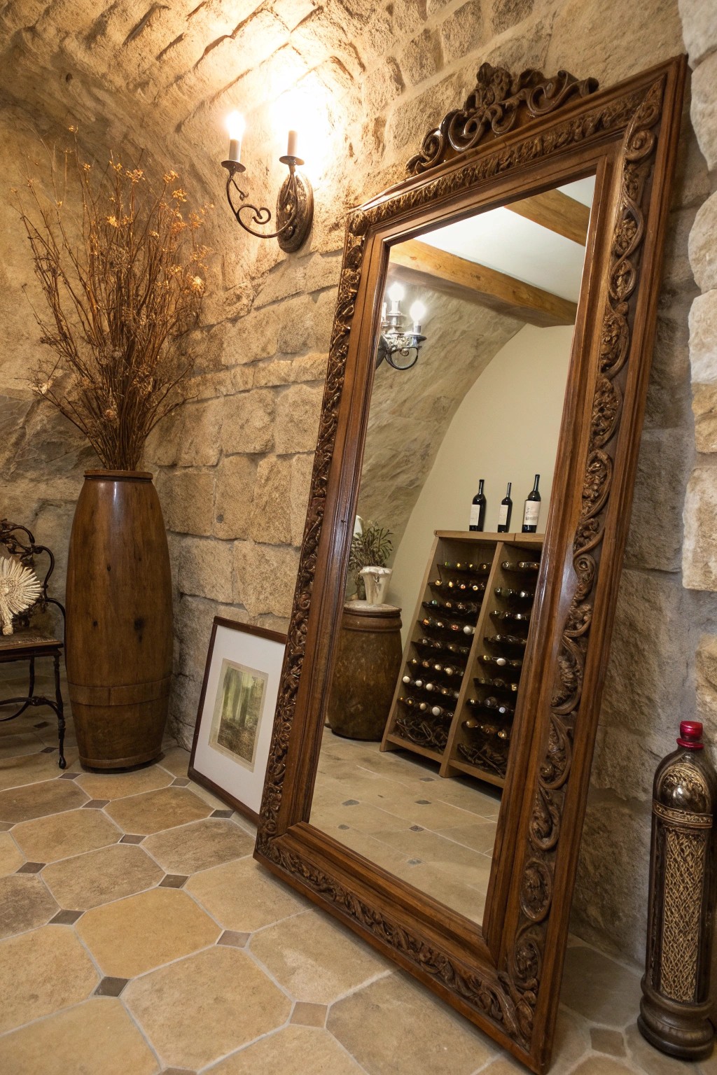 A vintage mirror adds eclectic charm and personality to a beautifully curated wine cellar.