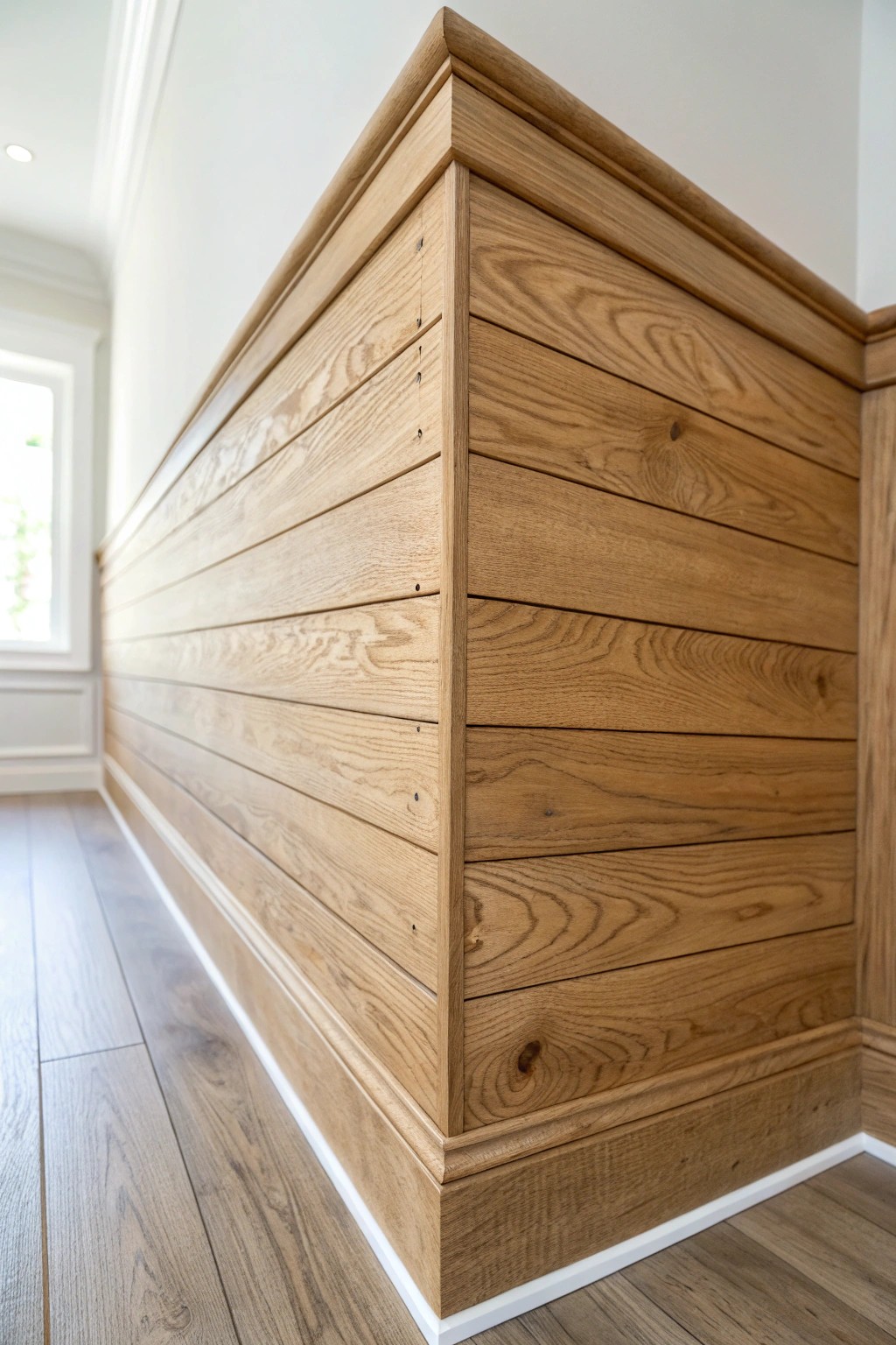 Seamless wood accent wall wraps a corner, blending natural beauty with modern simplicity.