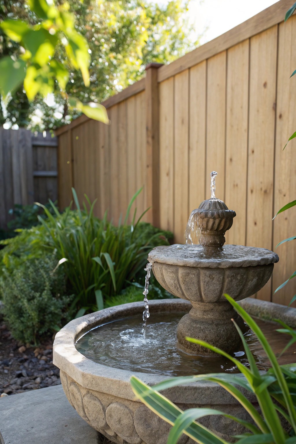 A handcrafted stone fountain brings peaceful privacy and spa-like tranquility to your backyard.