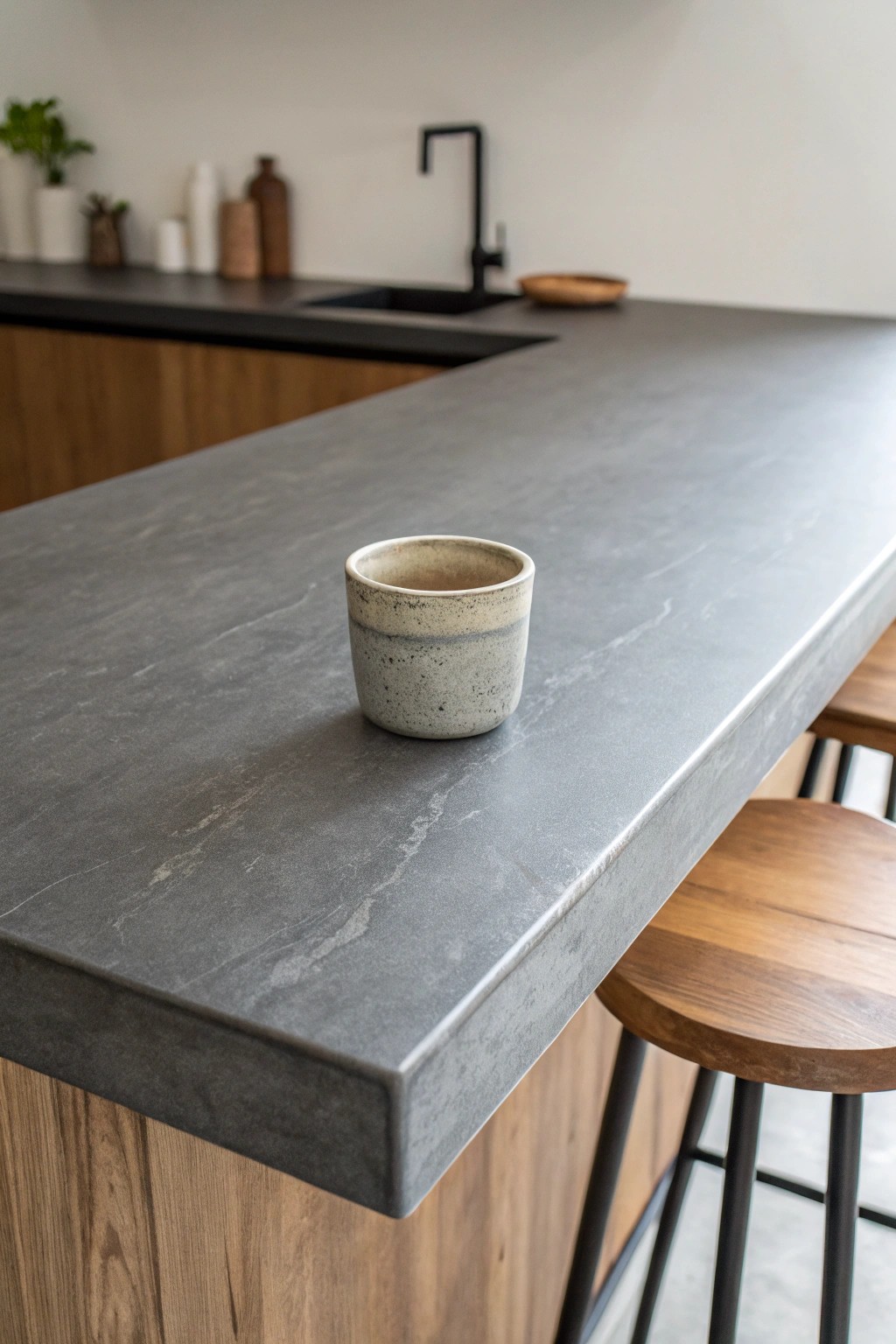Effortless elegance: minimalist matte gray porcelain stoneware bar top for modern spaces.