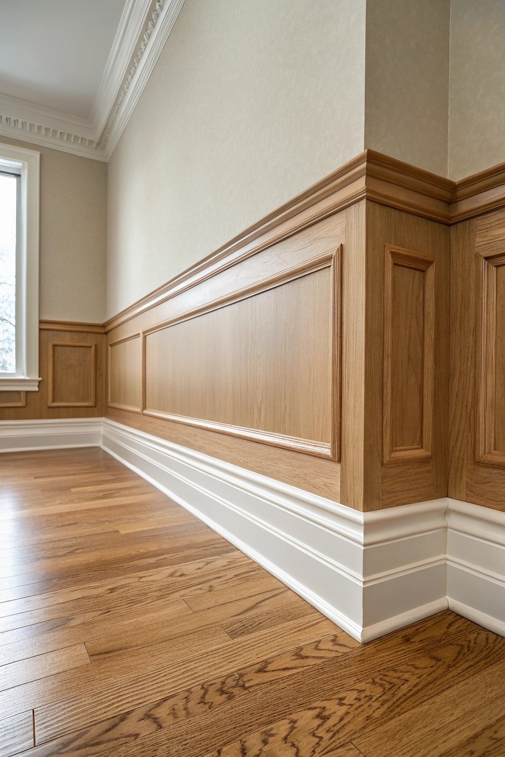 Seamless harmony: Matching baseboard and crown molding elevate any space with timeless craftsmanship.