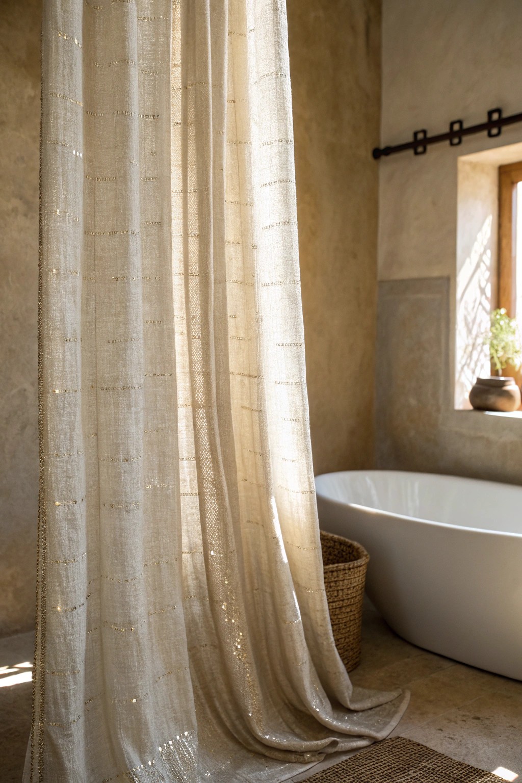 Elevate your bathroom with a curtain that shines—subtle metallic threads for a touch of luxury.
