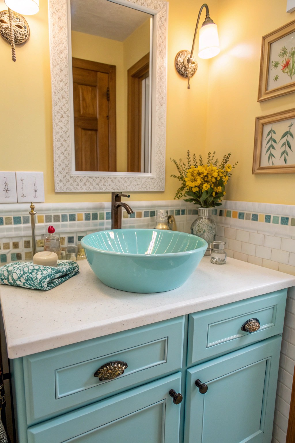 A colored sink instantly enlivens a neutral bathroom with playful energy