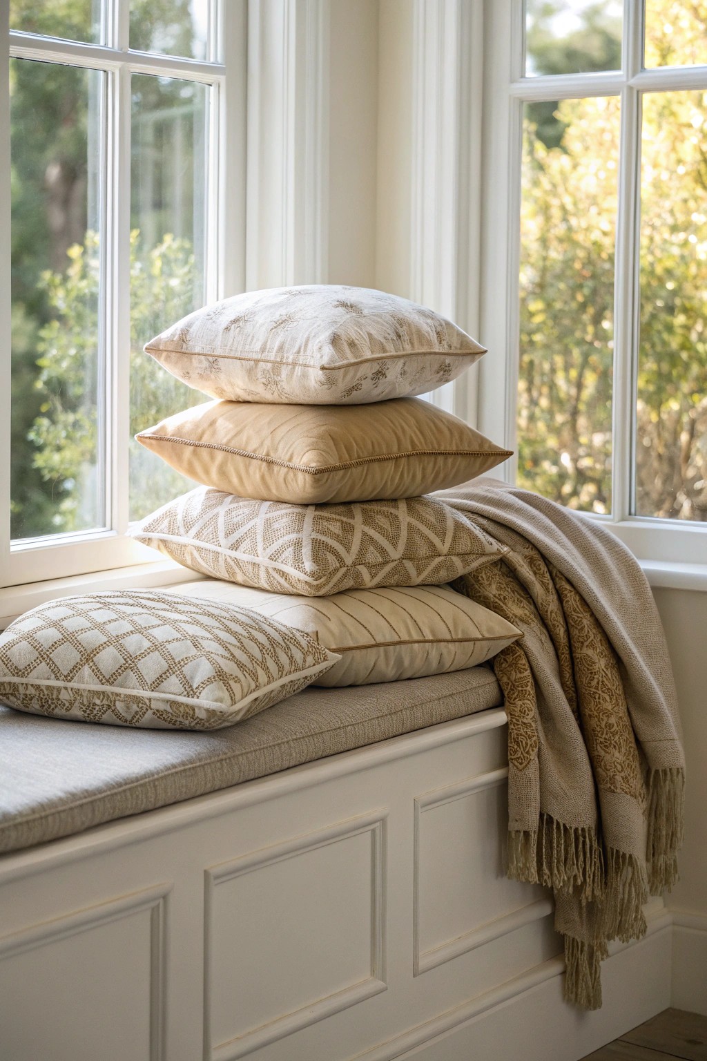 Layered cushions and a cozy throw—simple ways to transform your bay window into a serene retreat.