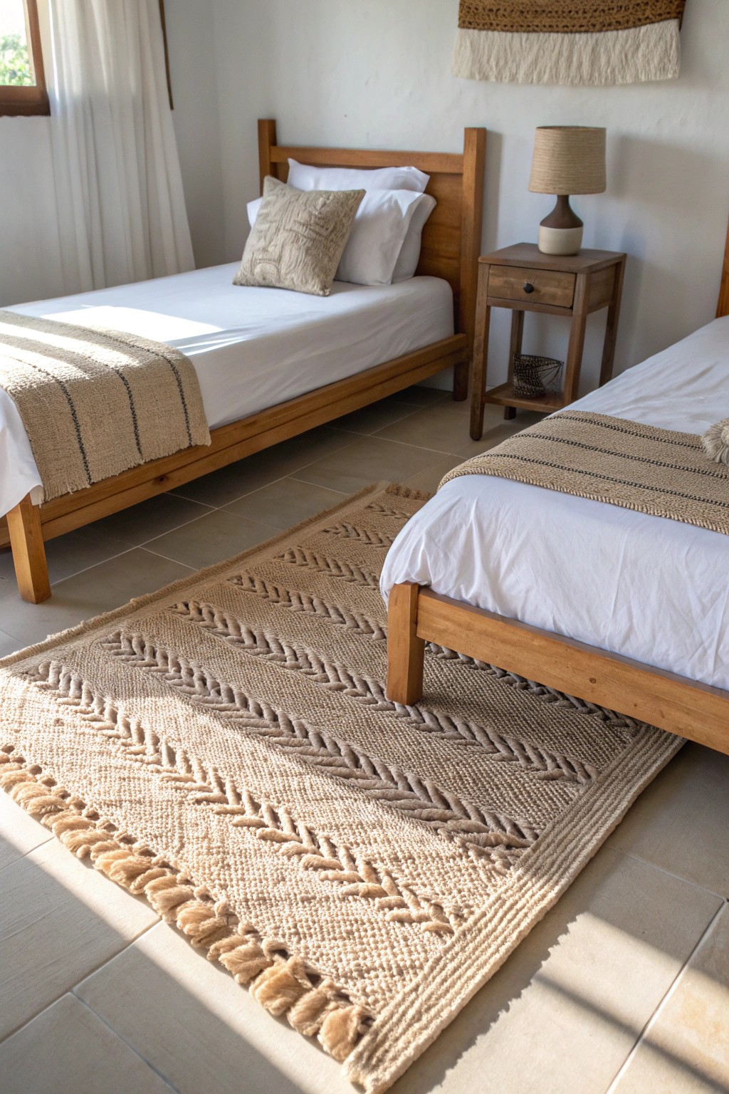 A handwoven rug brings harmony between twin beds—a touch of simple, crafted beauty.