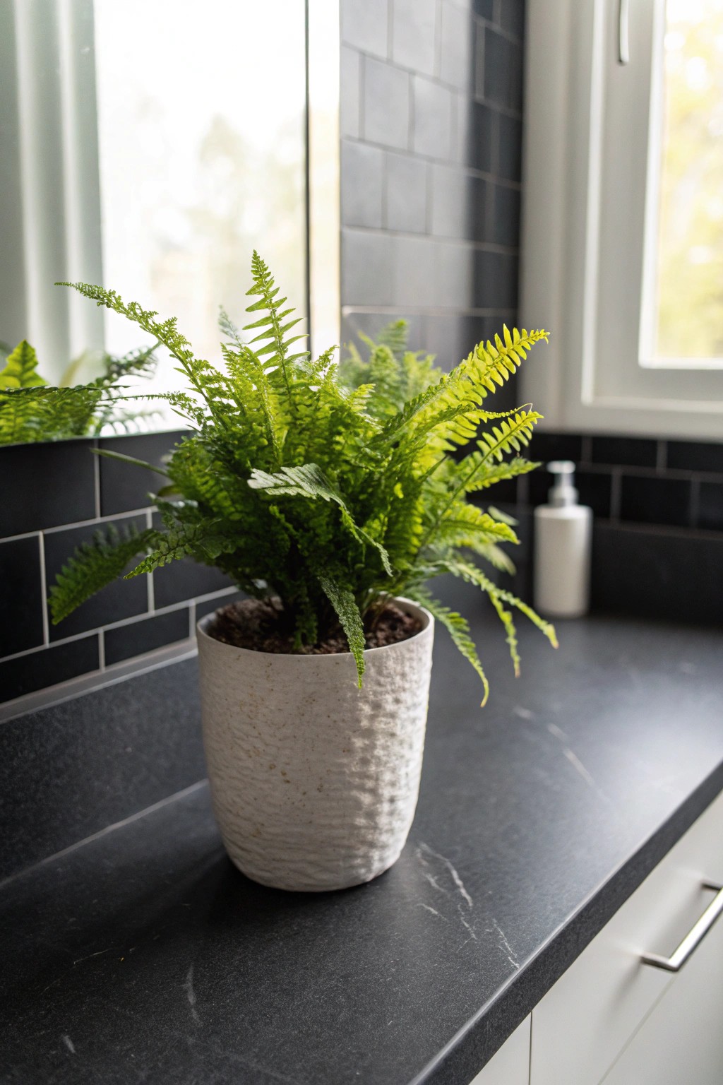 Fresh greenery brings life and balance to sleek black bathroom spaces.