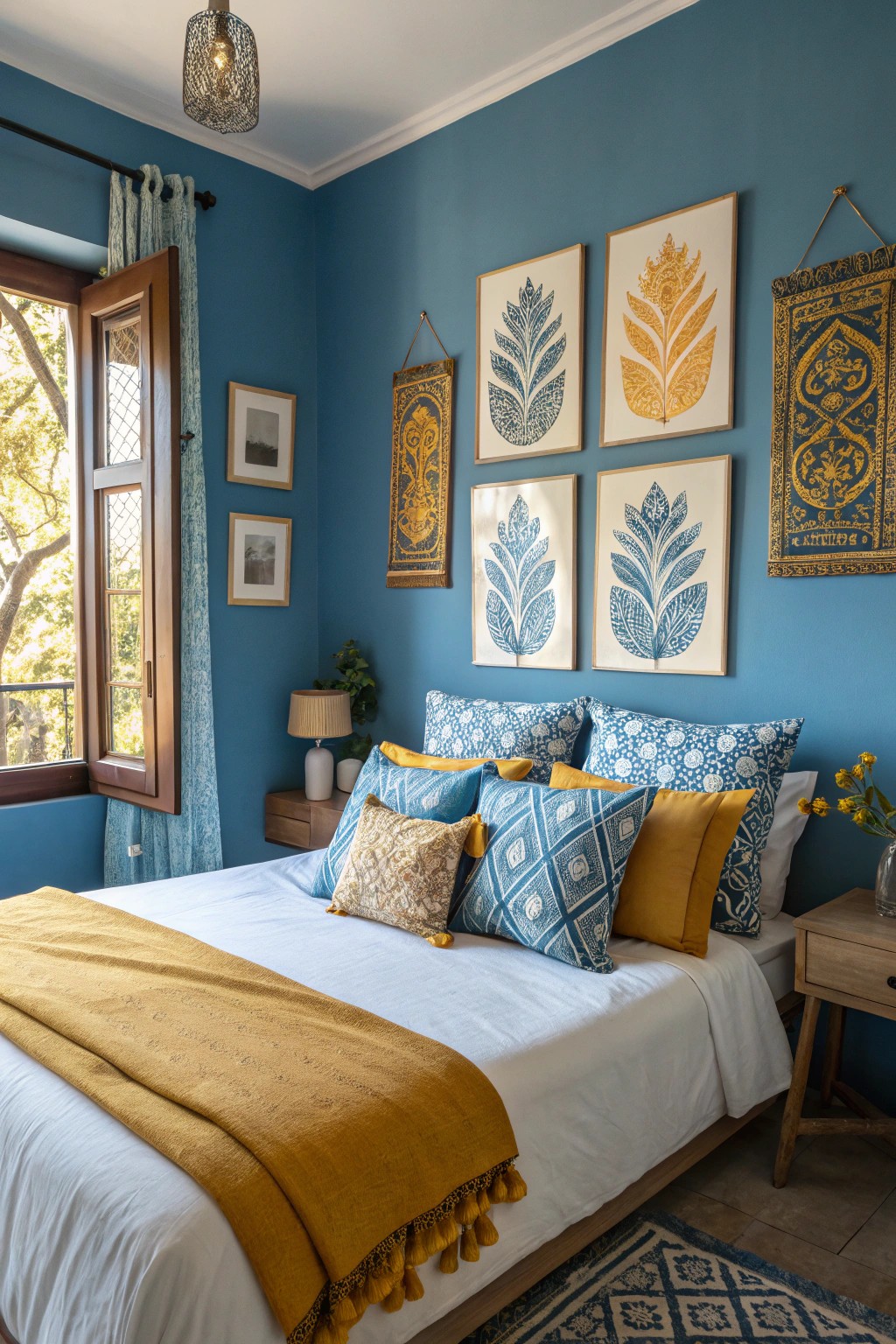 A burst of marigold against blue creates a lively, dynamic contrast.