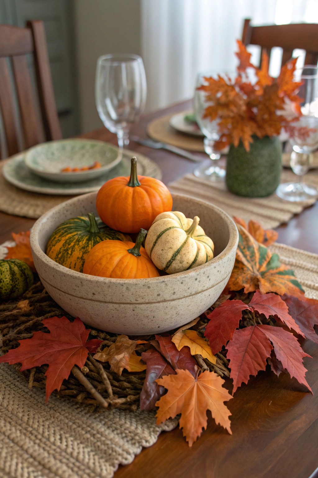 A pumpkin display brings in autumn’s warmth and inviting color.