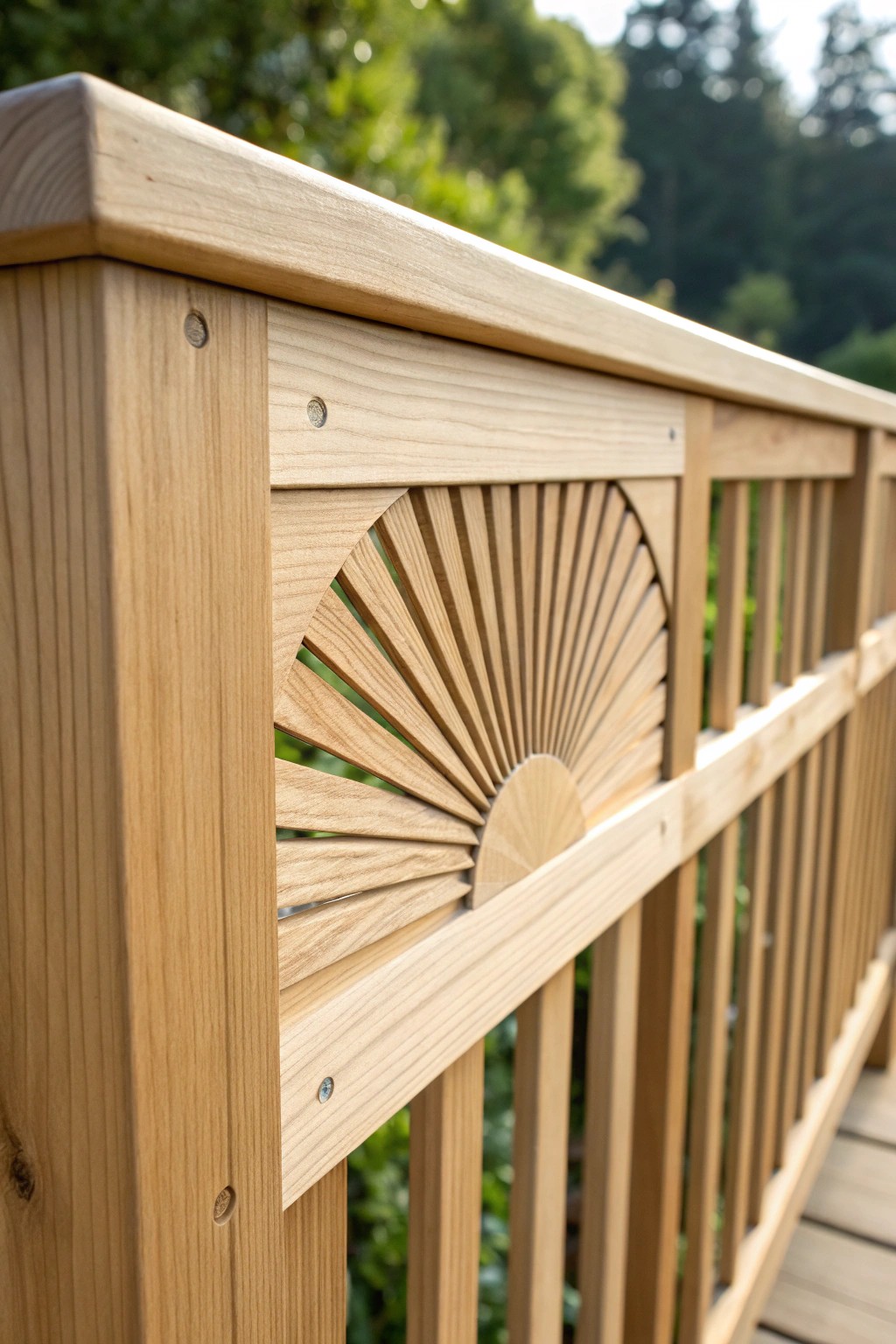 Elevate your deck with a stunning sunburst wood railing—simple, beautiful, and full of character.