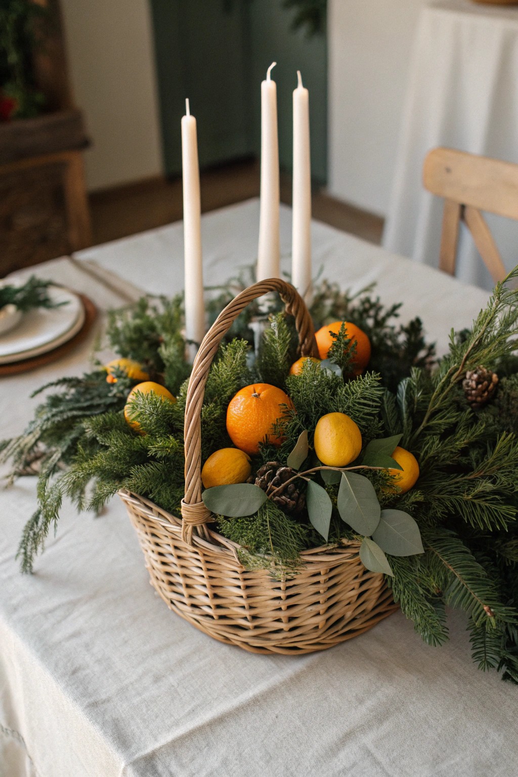 Celebrate the season with a simple, homespun basket of evergreens, citrus, and candlelight.