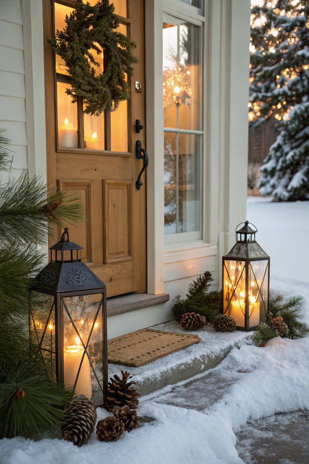 Lanterns and candlelight create a cozy, inviting holiday atmosphere.