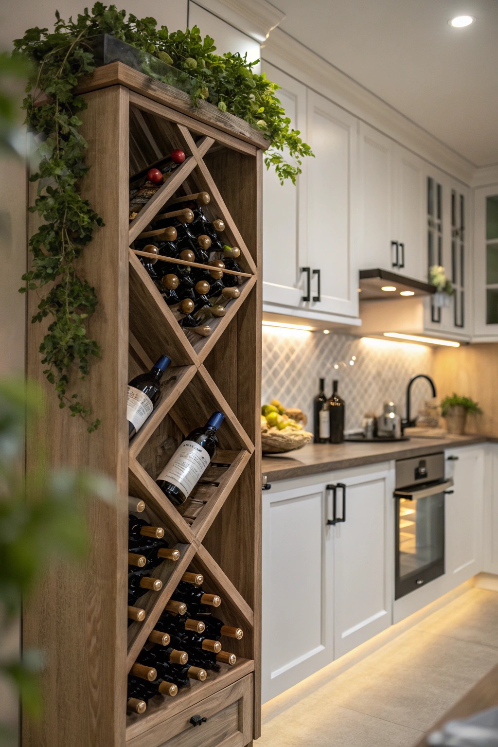 A stylish corner wine rack creates an inviting spot for wine lovers and entertainers.