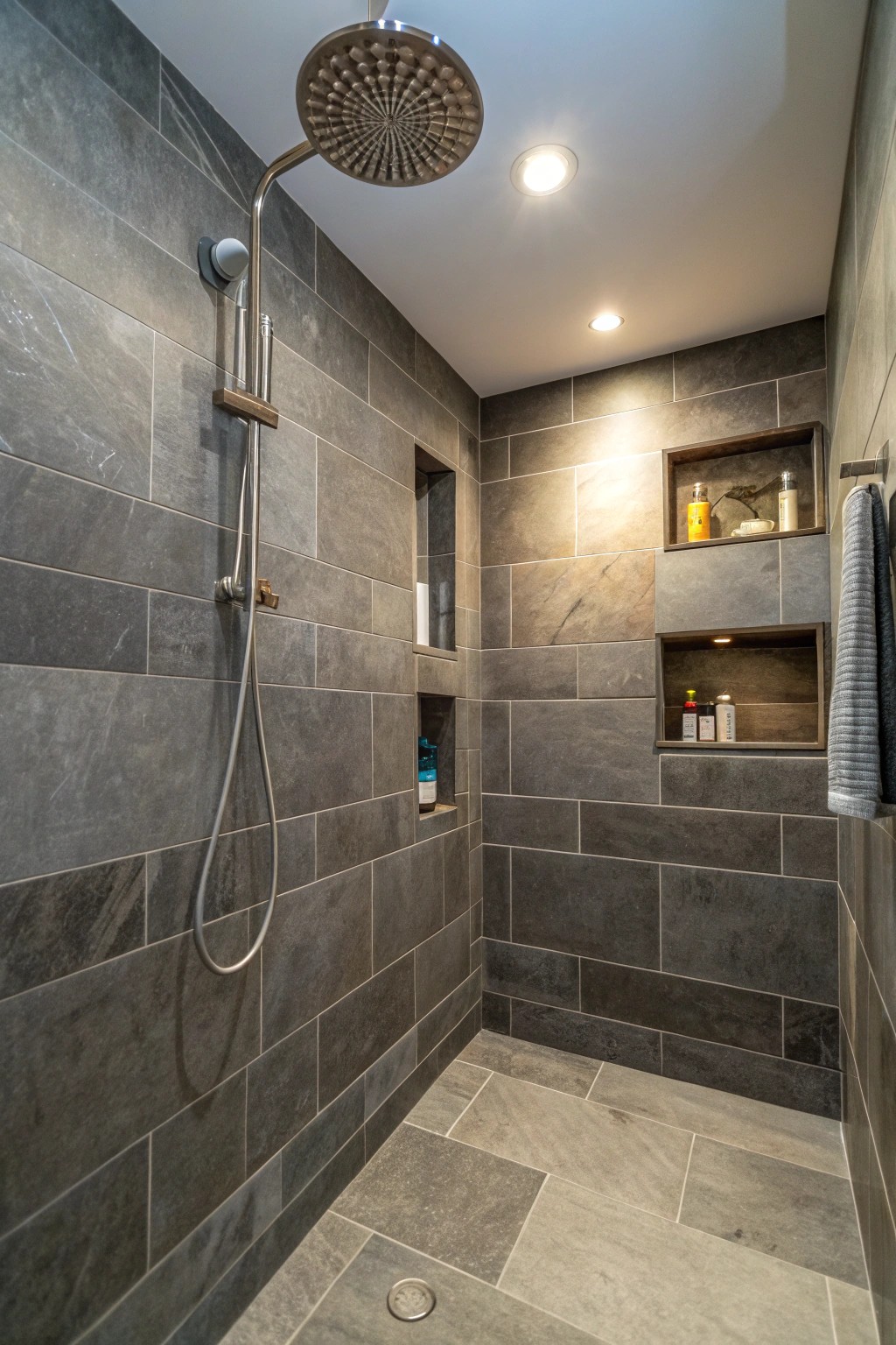 A moody monochrome scheme brings contemporary drama to the curbless shower.