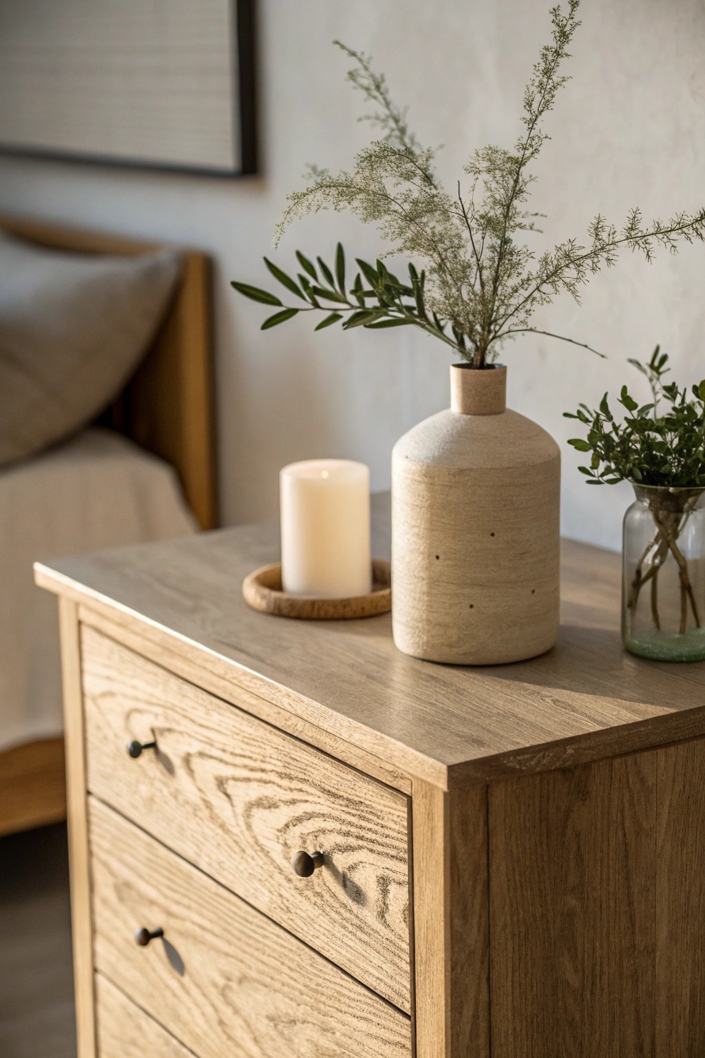 Serene simplicity: a curated dresser moment with natural beauty and handcrafted details.