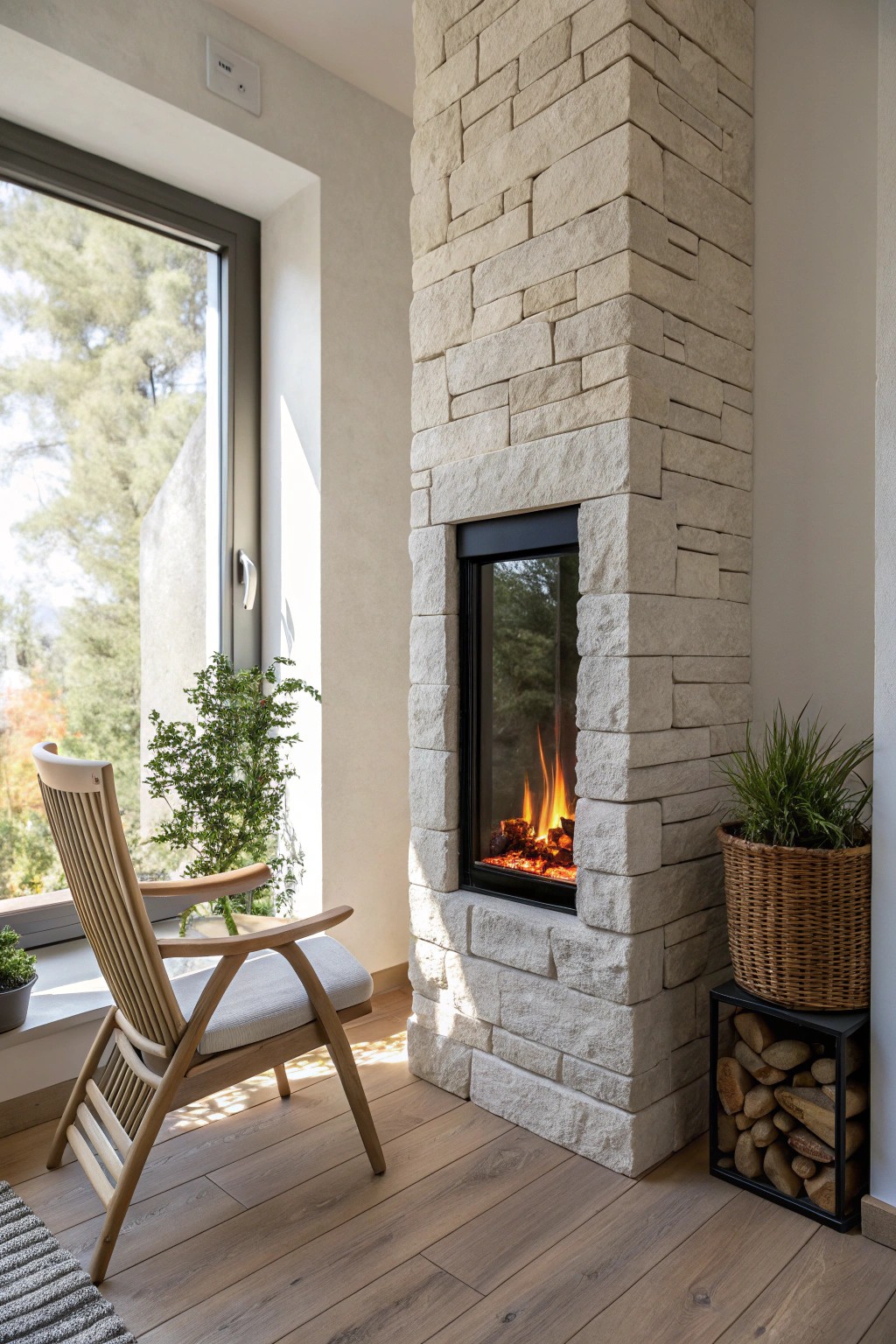 Chic warmth: A vertical electric fireplace transforms even the smallest space with simple, modern elegance.