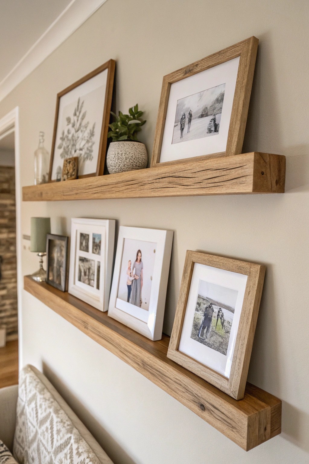 Effortless style: A serene picture ledge blending family memories and artful finds.