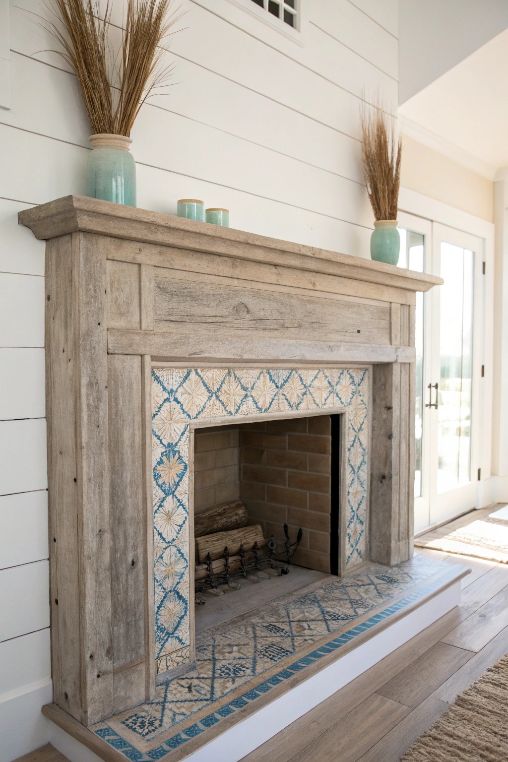 Driftwood elegance: bring coastal calm to your fireplace with natural textures and ocean hues.