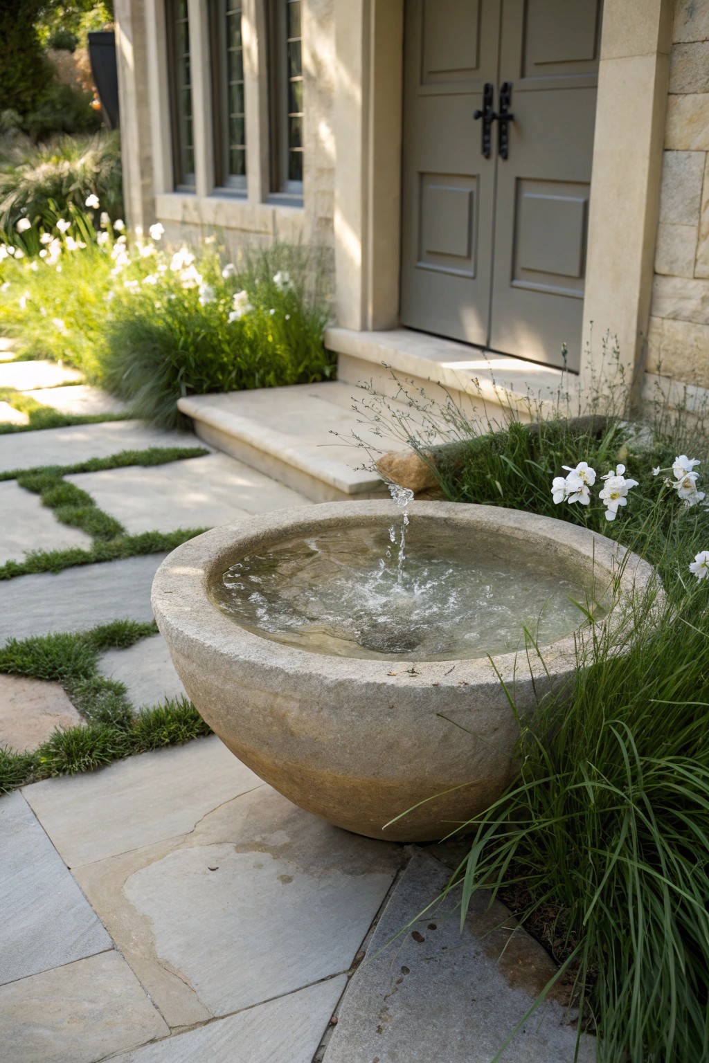 A serene stone fountain creates a refreshing welcome for your front entry.