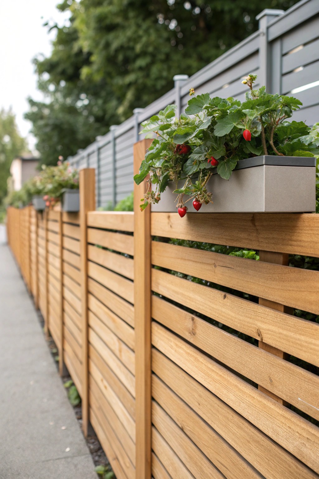 Chic privacy fence with built-in planter boxes—where natural beauty meets functional design.