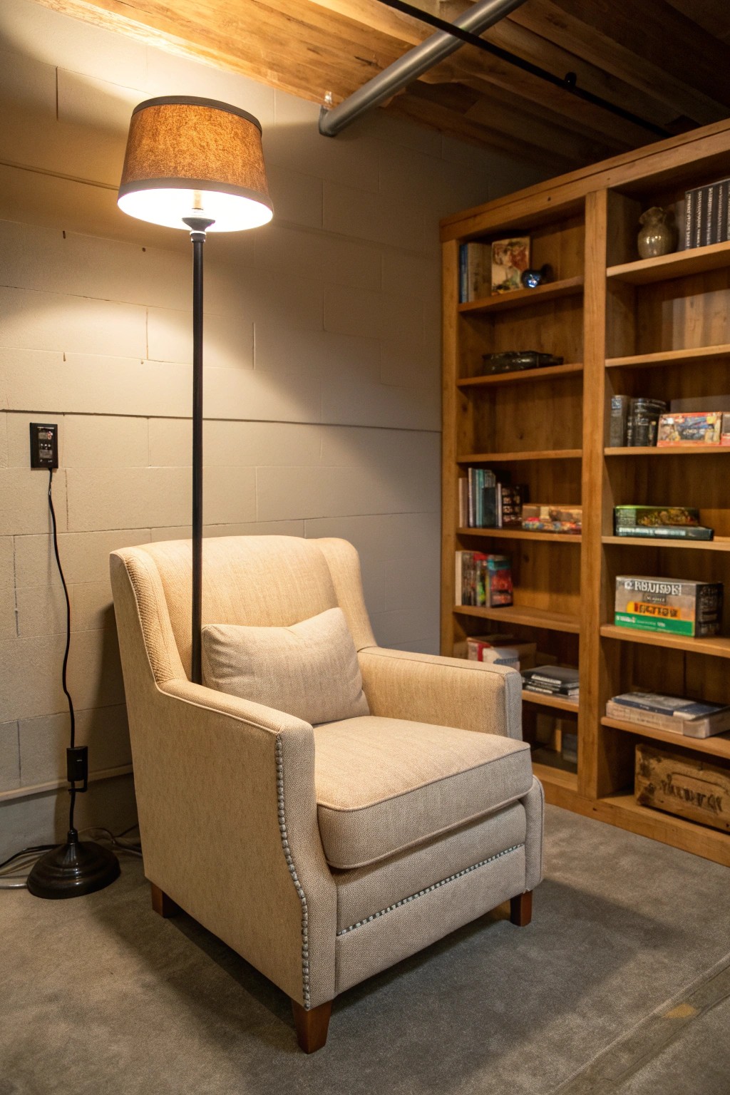 Create a serene reading and board game nook with a comfy armchair and handcrafted shelves.