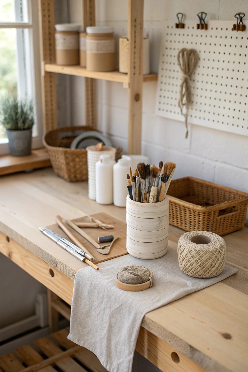Create your dream crafting corner with natural wood and thoughtful organization.