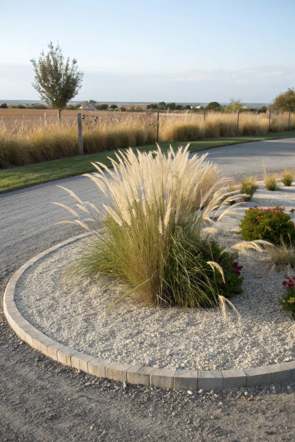 Elevate your gravel driveway with a serene island of ornamental grasses.