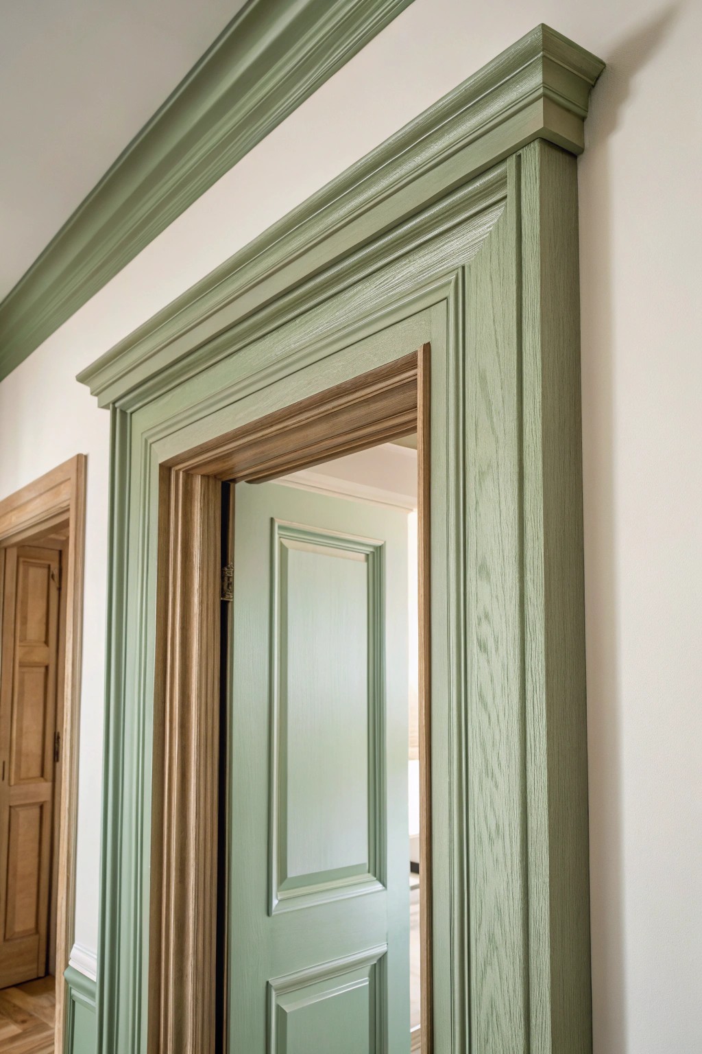 Subtle sage green trim brings artisan charm and fresh energy to any bedroom.