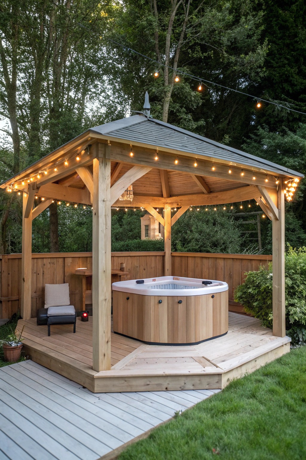 A tranquil hot tub oasis under a handcrafted gazebo—your own private spa retreat.