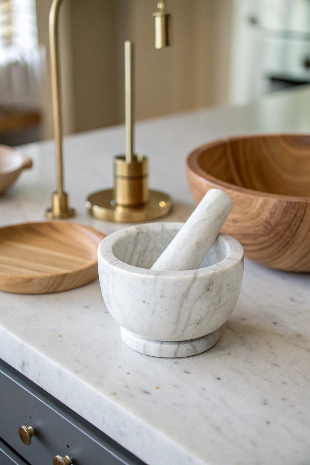 Layered textures: marble, wood, and brass for effortless kitchen elegance.