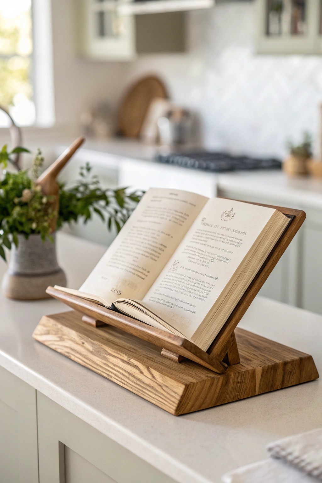 A beautifully crafted cookbook stand brings inspiration and artistry to your kitchen island.