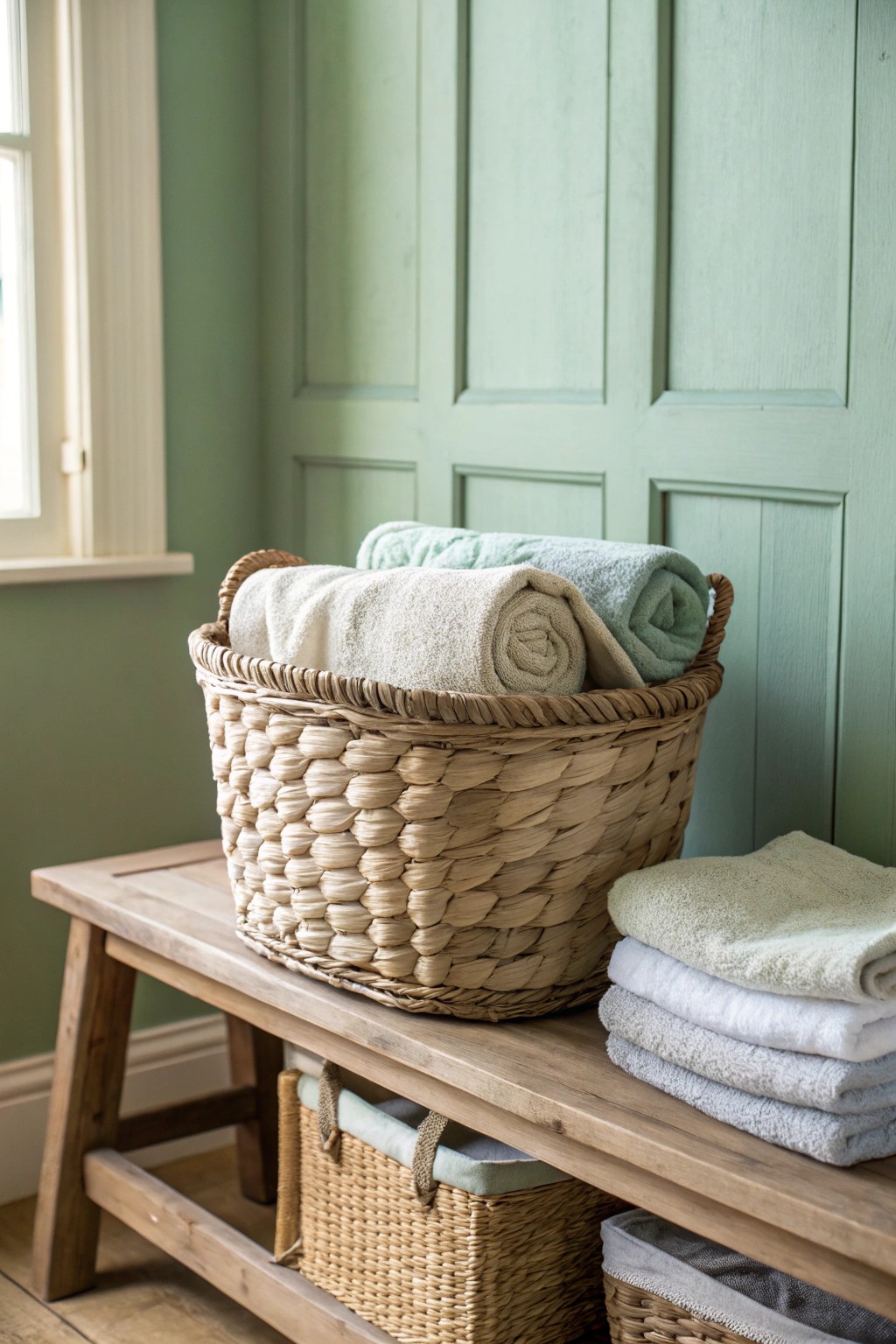 Calm and cohesive: color-coded laundry storage for visual harmony.
