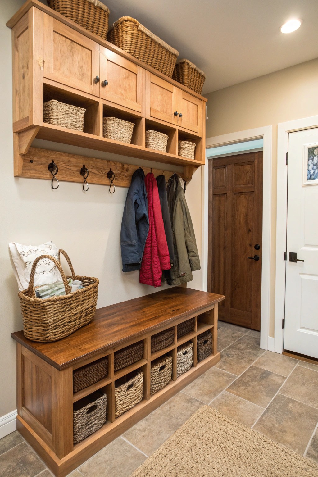 A bench with storage cubbies adds comfort and organization.