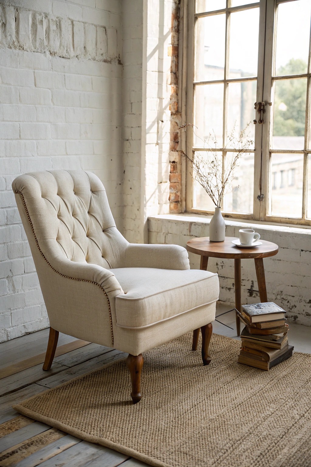 Cozy reading nook: natural textures and crafted comfort in a modern loft.