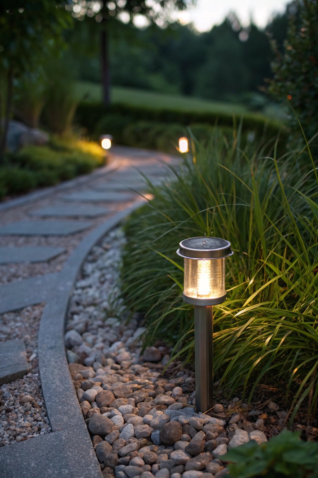 Effortless charm: A single solar path light brings nighttime magic to your side yard.