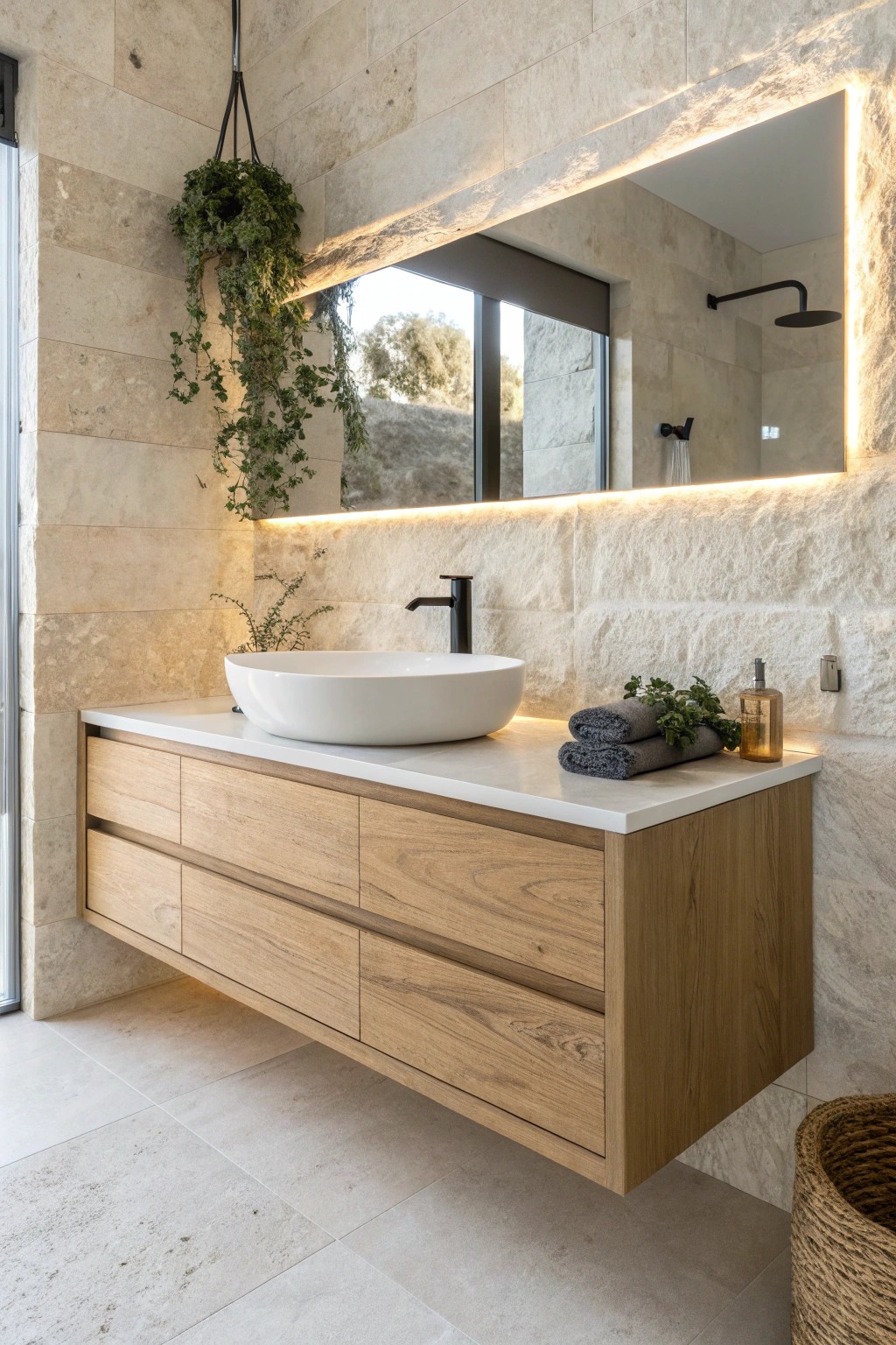 Elevate your space with the serene beauty of a floating vanity and soft, glowing under-cabinet light.