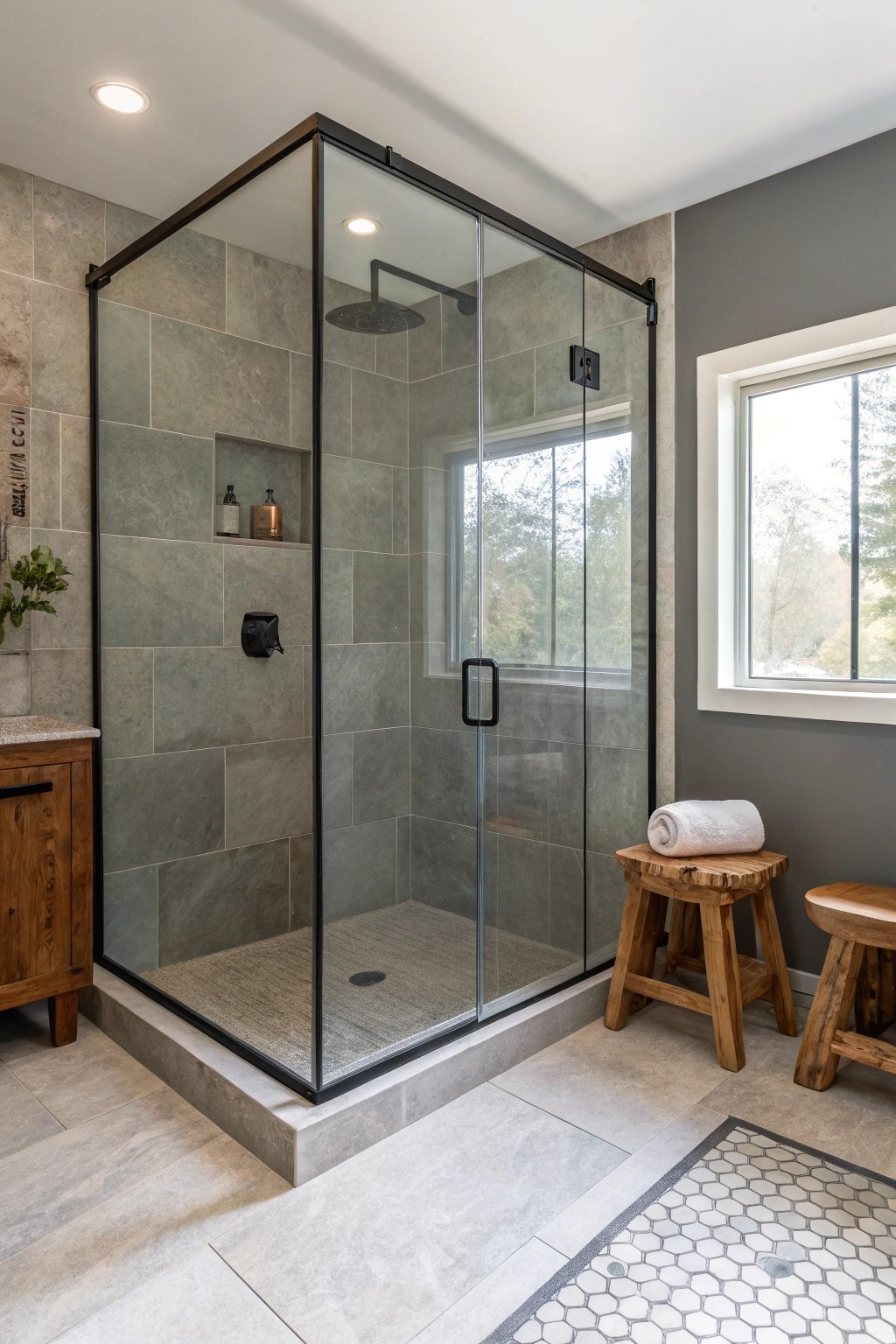 Elevate your master bath with moody tinted glass for a touch of subtle drama.