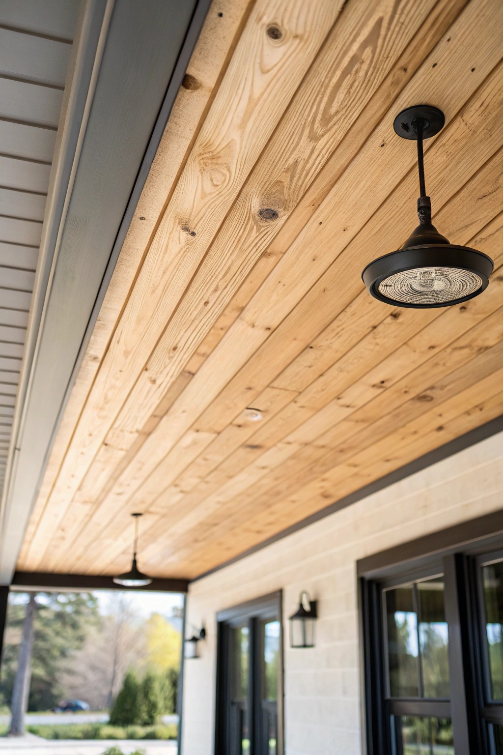 Warm up your entryway with a stunning wood-clad porch ceiling—simple, natural, and unforgettable.