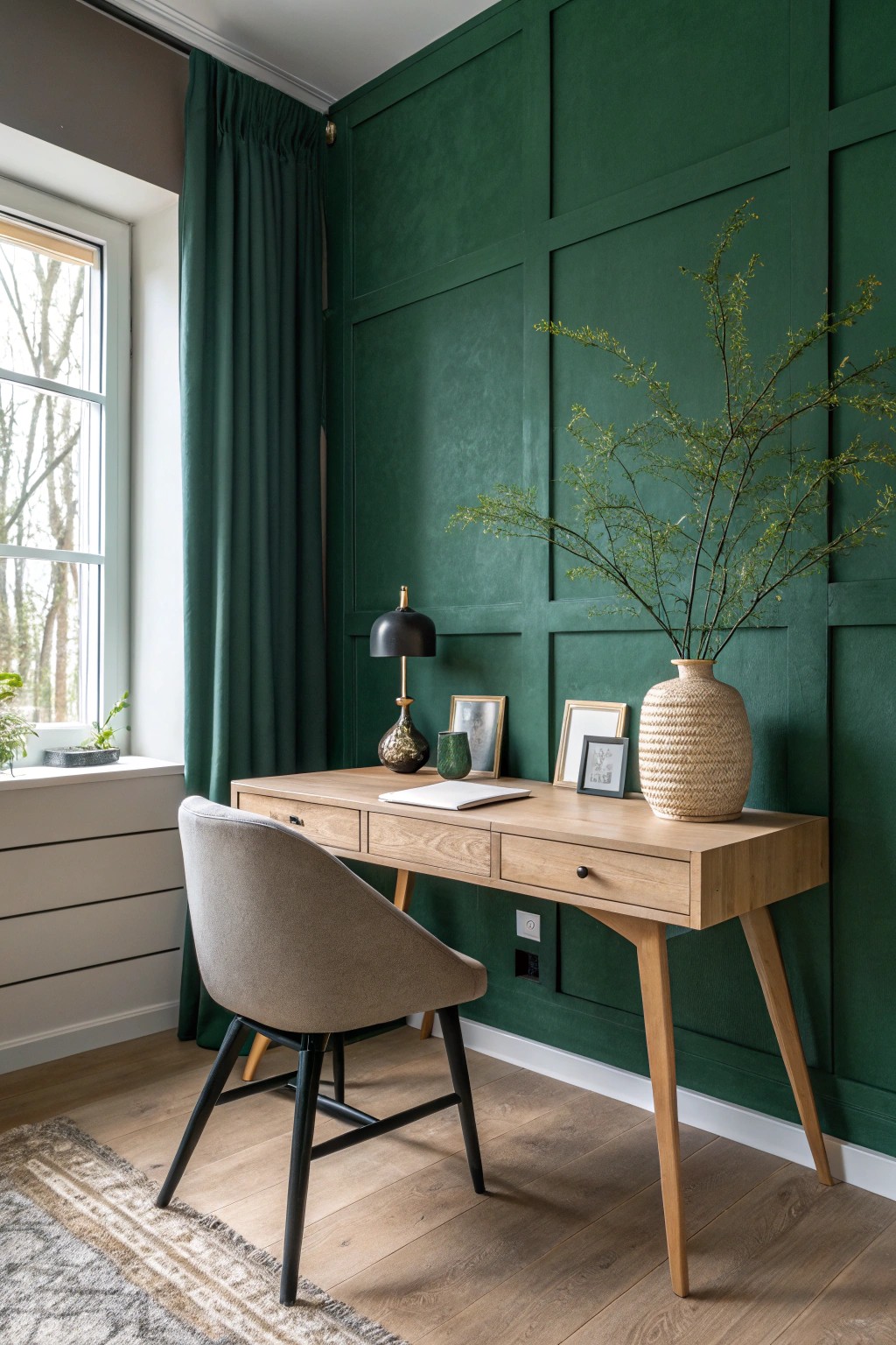 Elevate your workspace with a dramatic accent wall and timeless, handcrafted details.