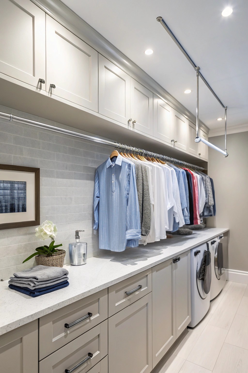 A streamlined hanging rod adds both utility and architectural clarity.