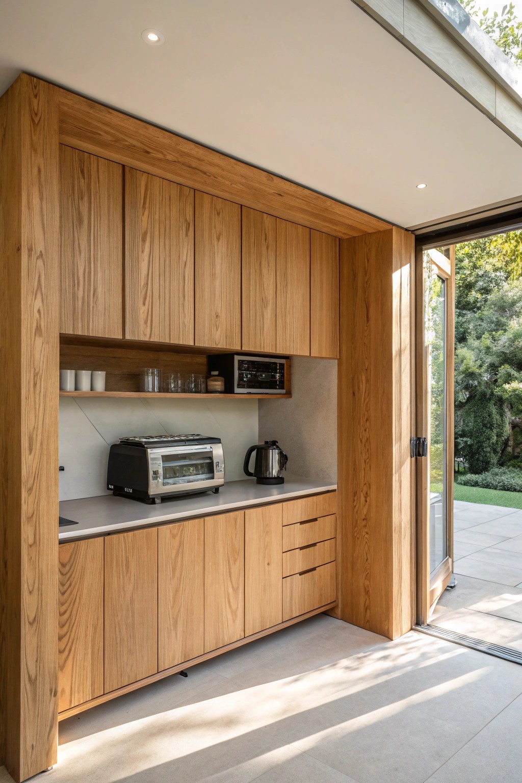 Serene mornings start with a hidden appliance garage—where beauty meets simplicity.
