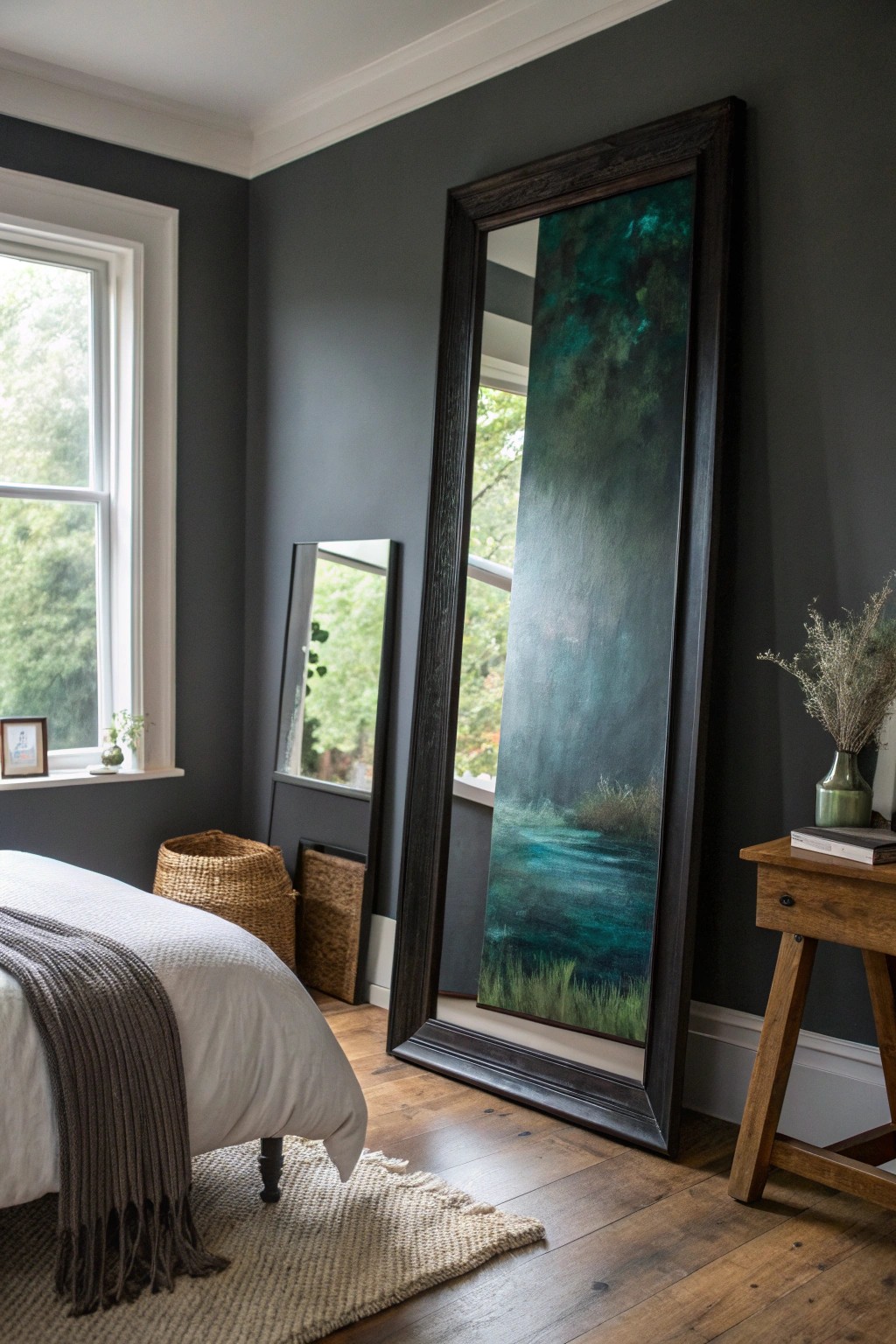 Elevate your moody bedroom with dramatic art and a statement mirror.