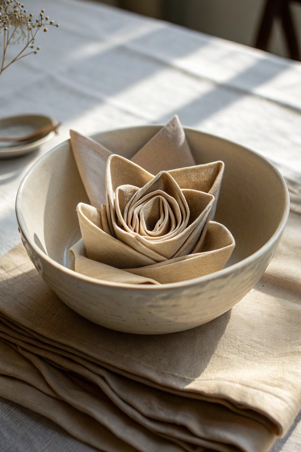 A flower-shaped napkin adds handcrafted charm to every place setting.