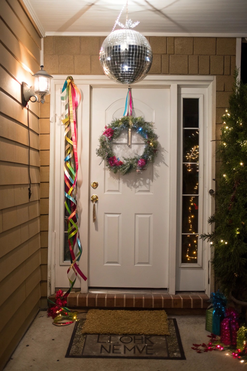 A shimmering disco ball wreath welcomes guests with a flash of fun and glamour.
