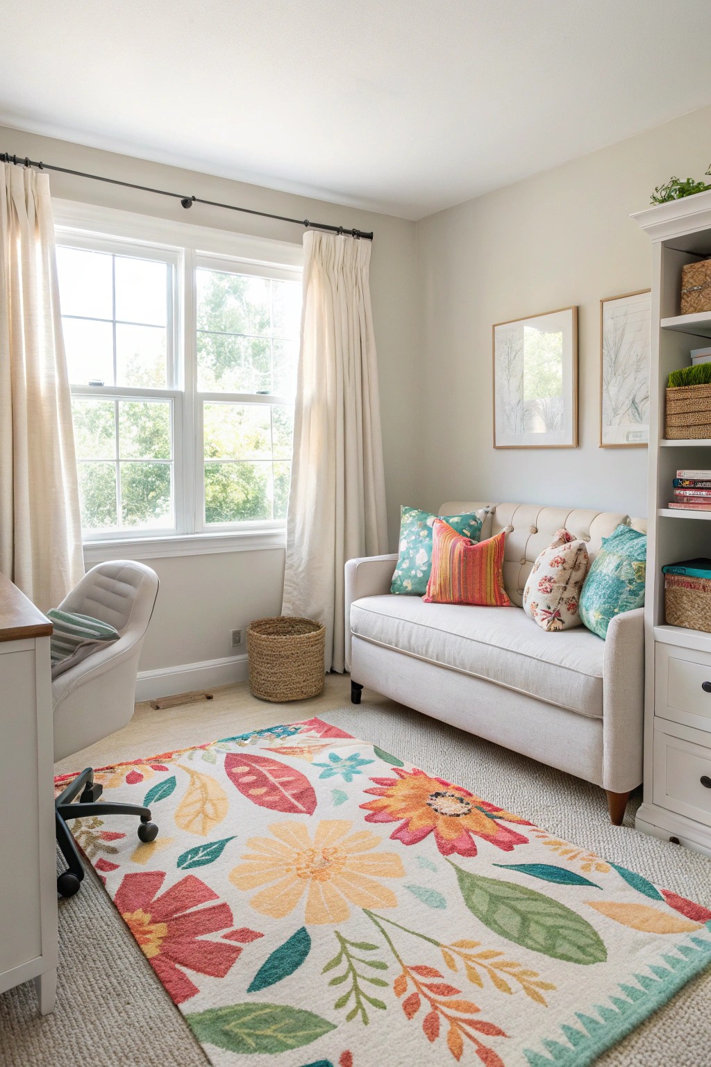 A neutral palette sets a tranquil tone, while pops of color add personality.