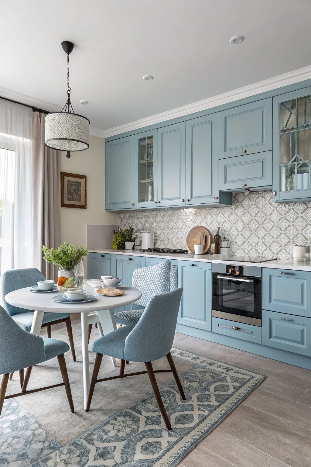 A monochromatic palette brings sophisticated unity to this open kitchen.