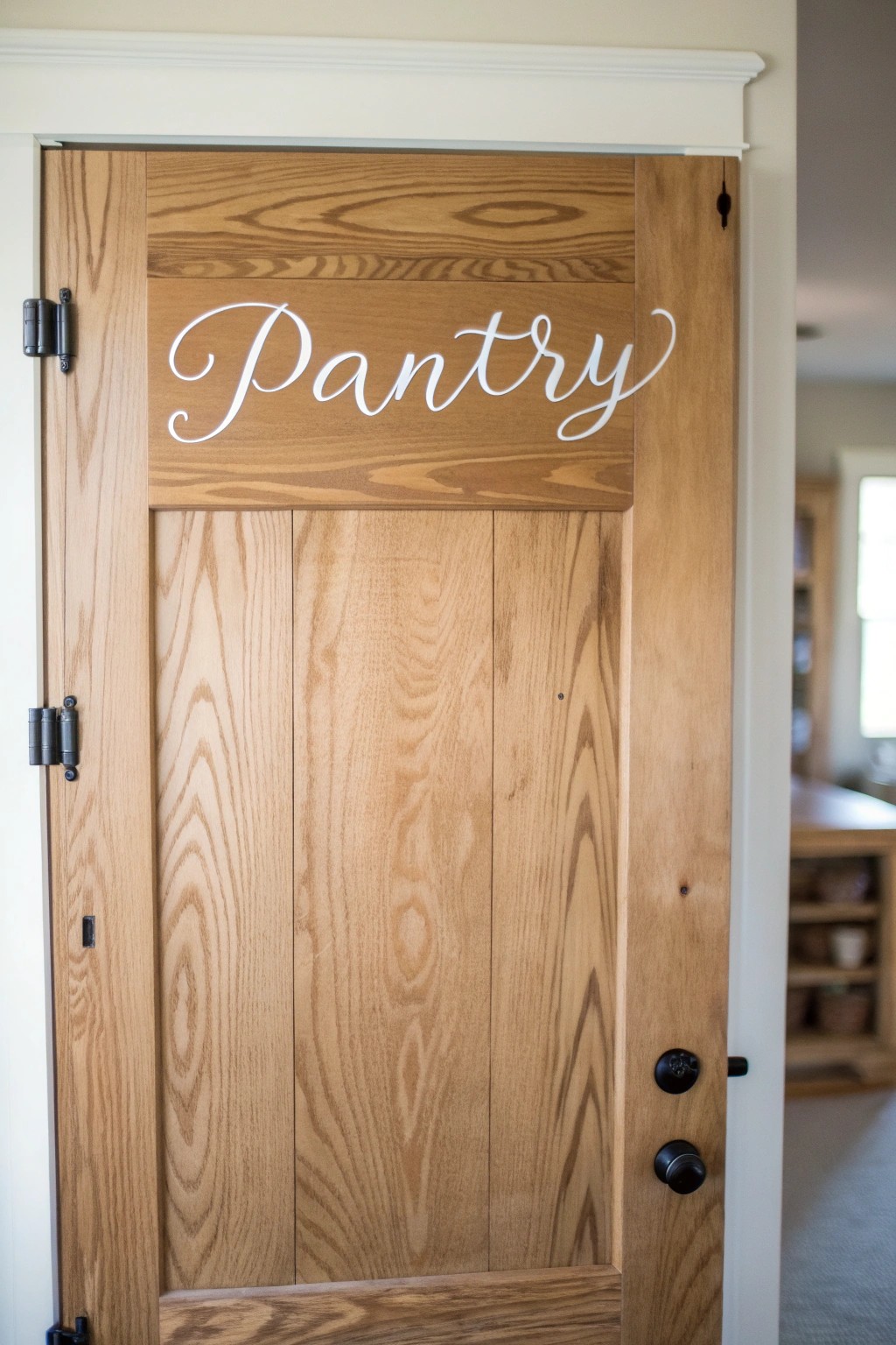 Hand-painted 'Pantry' script adds charm and character to a beautifully crafted wooden door.